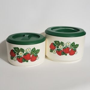 Vintage Sterilite Strawberry Plastic Canisters Organizers Containers Green Lids